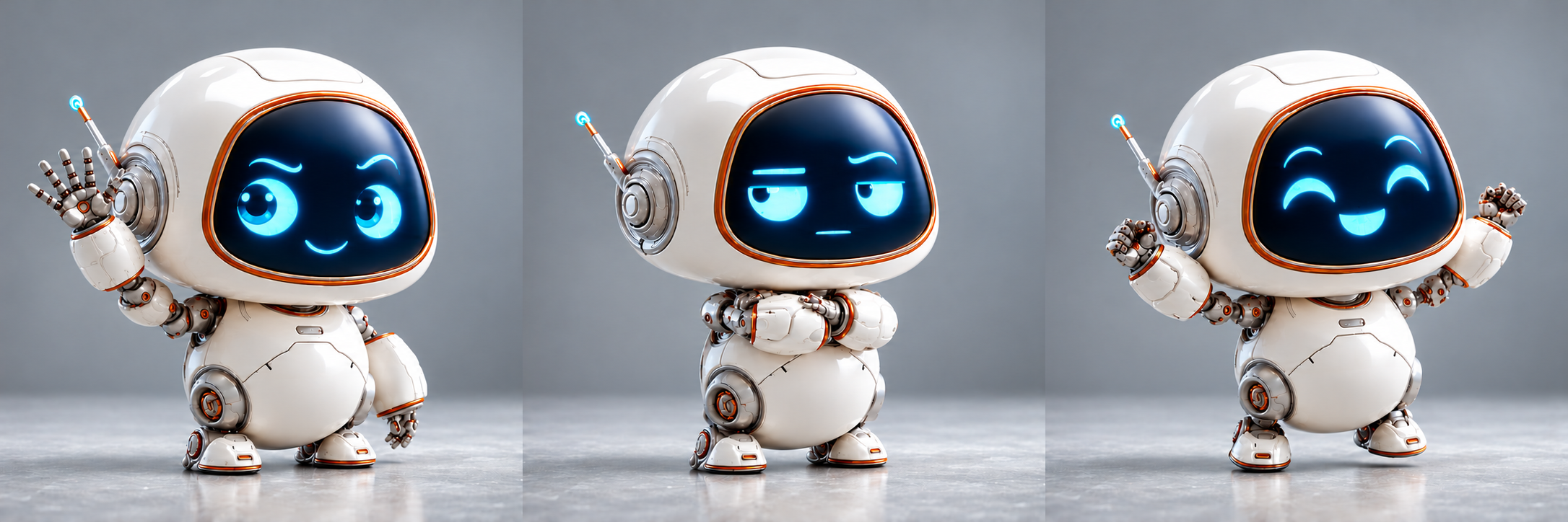 White robot character concept with copper trim, expressive blue eyes and a cheeky raised eyebrow